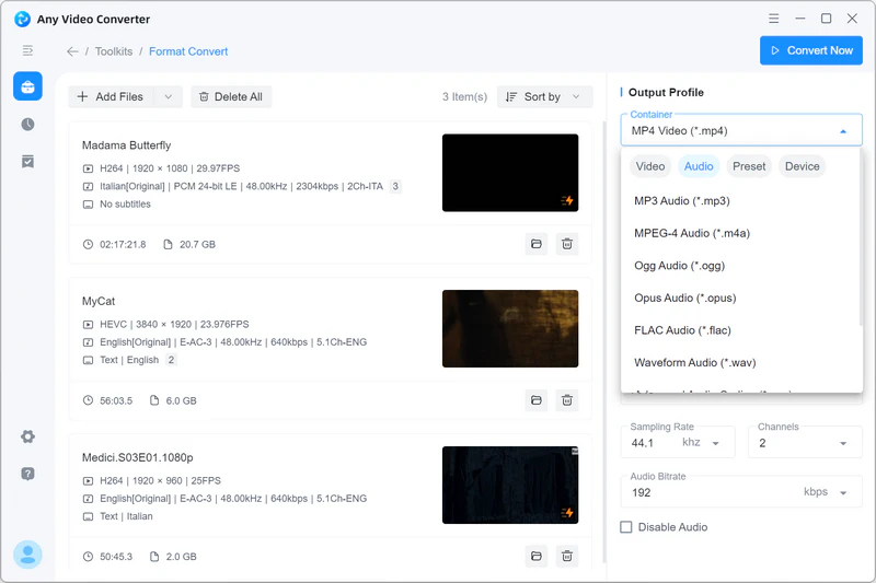set output audio format